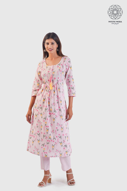 Pink Cotton Anarkali Long Gown Kurti Pant and Dupatta Set