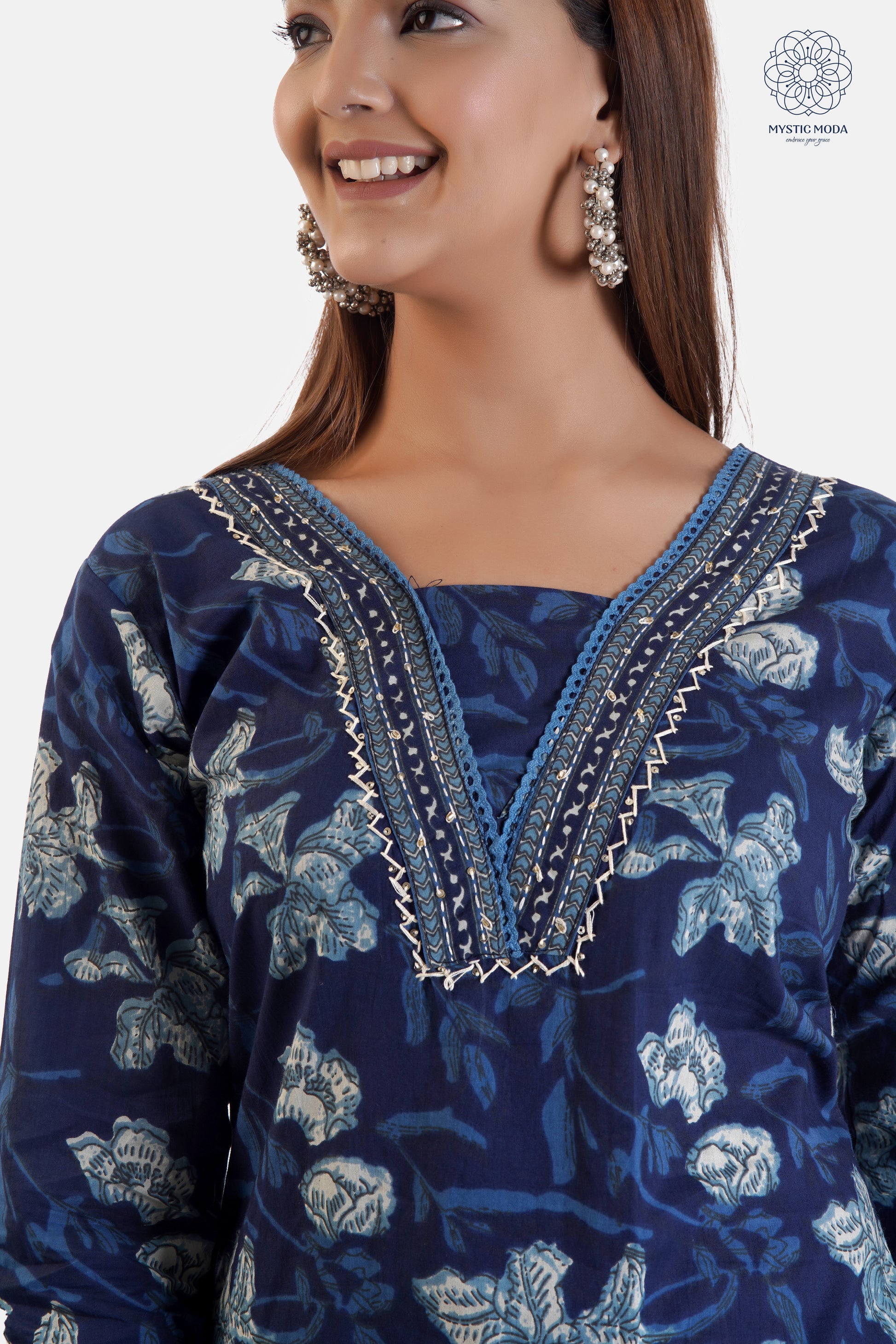 Blue Cotton Printed Kurti with Embroidery on Neck and Mulmul Dupatta