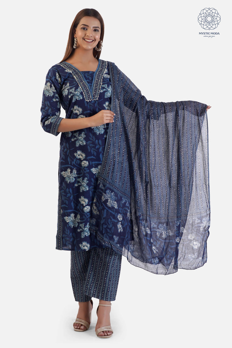 Blue Cotton Printed Kurti with Embroidery on Neck and Mulmul Dupatta