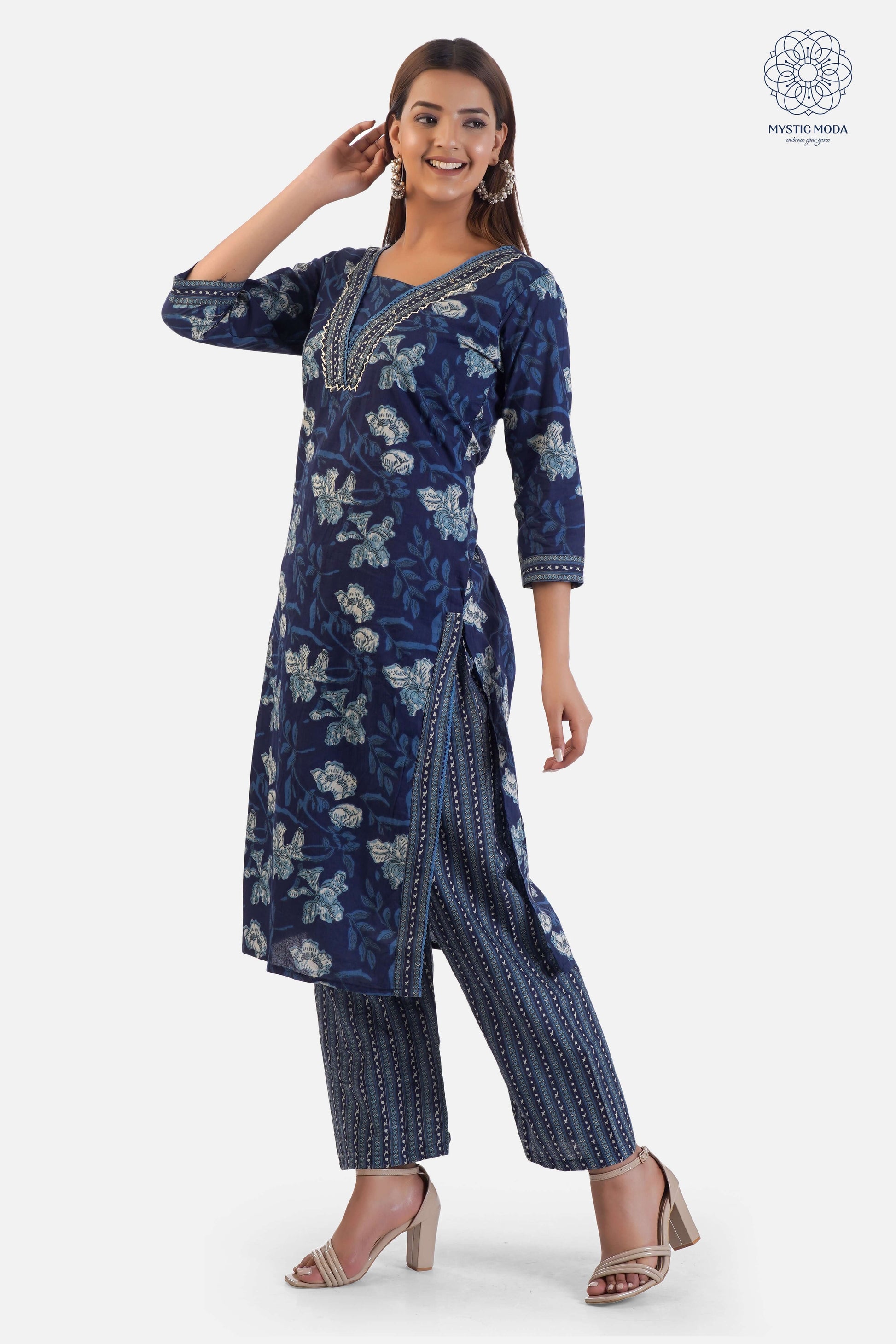 Blue Cotton Printed Kurti with Embroidery on Neck and Mulmul Dupatta