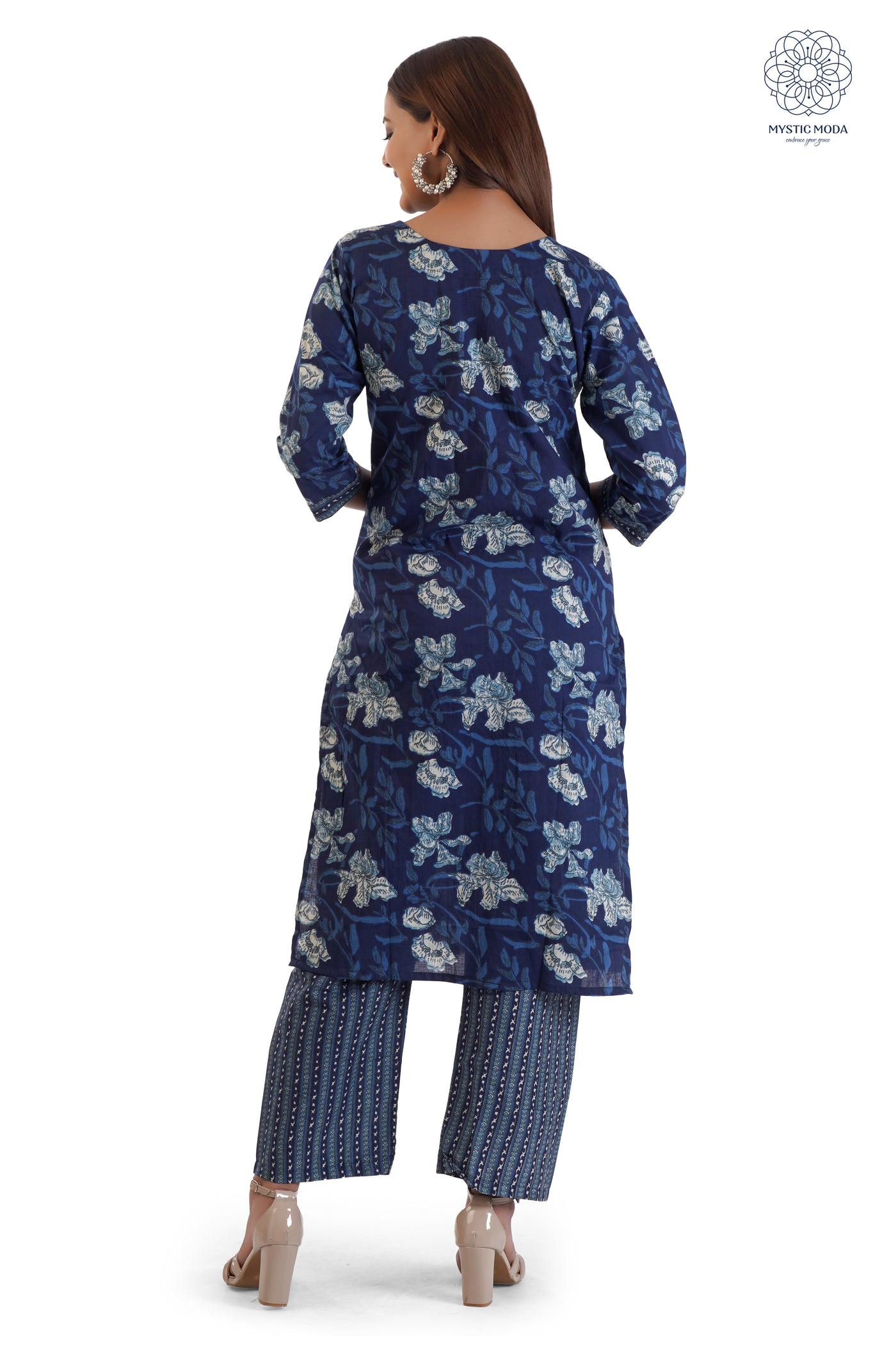 Blue Cotton Printed Kurti with Embroidery on Neck and Mulmul Dupatta