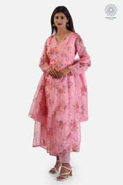 Pink Organza Fabric Gown Style Anarkali Kurti with Pant and Dupatta