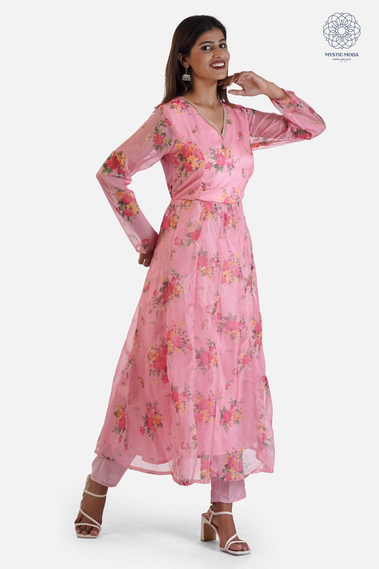 Pink Organza Fabric Gown Style Anarkali Kurti with Pant and Dupatta