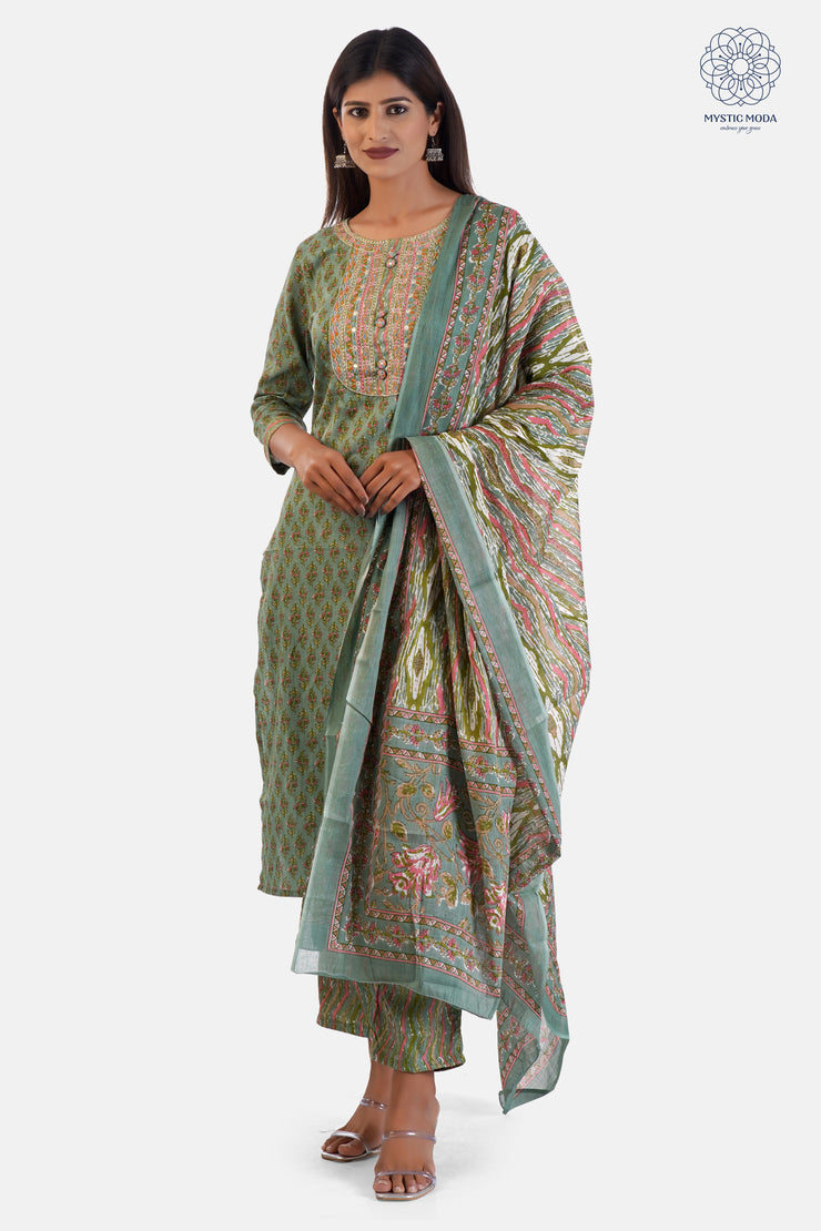 Cotton Blend Kurta Palazzo Set with Embroidered Neck and Mulmul Dupatta