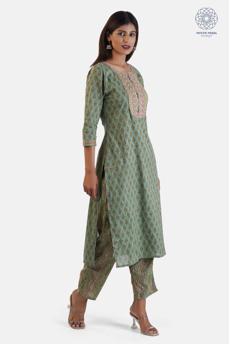 Cotton Blend Kurta Palazzo Set with Embroidered Neck and Mulmul Dupatta