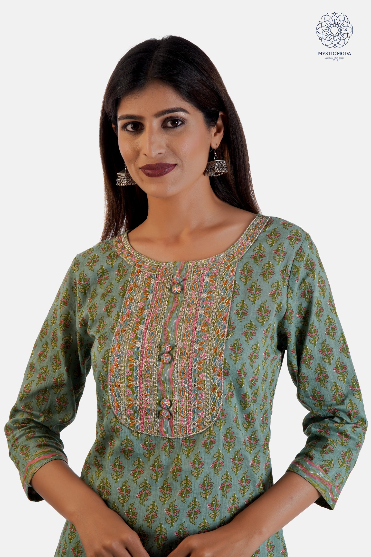 Cotton Blend Kurta Palazzo Set with Embroidered Neck and Mulmul Dupatta