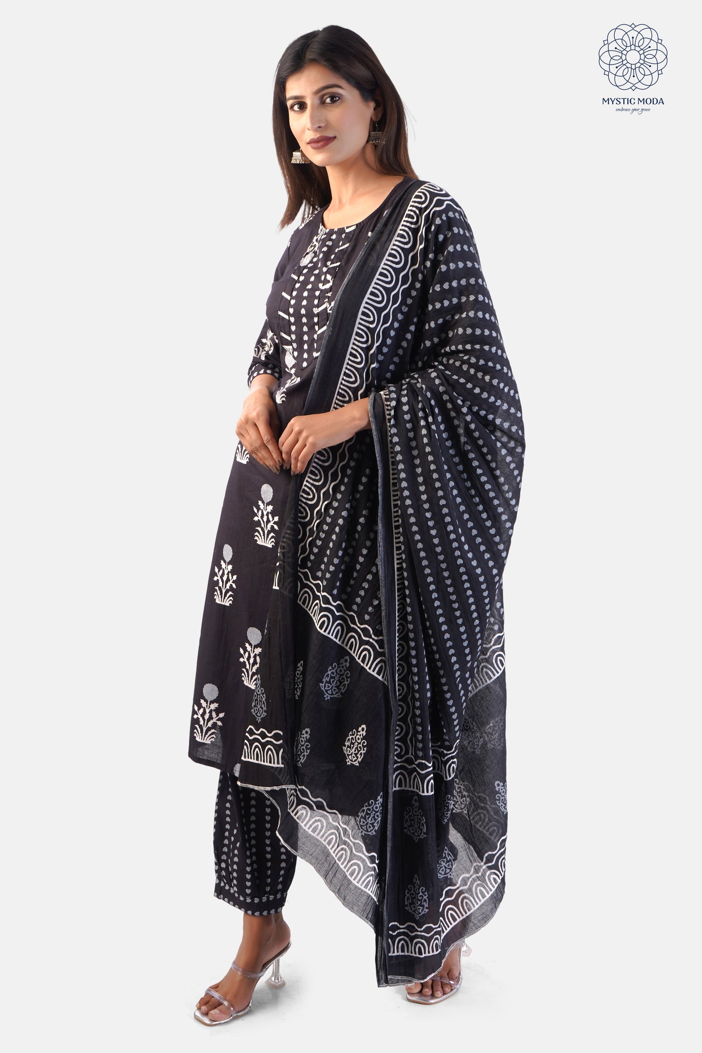 Black Cotton Printed Anarkali Kurta Set