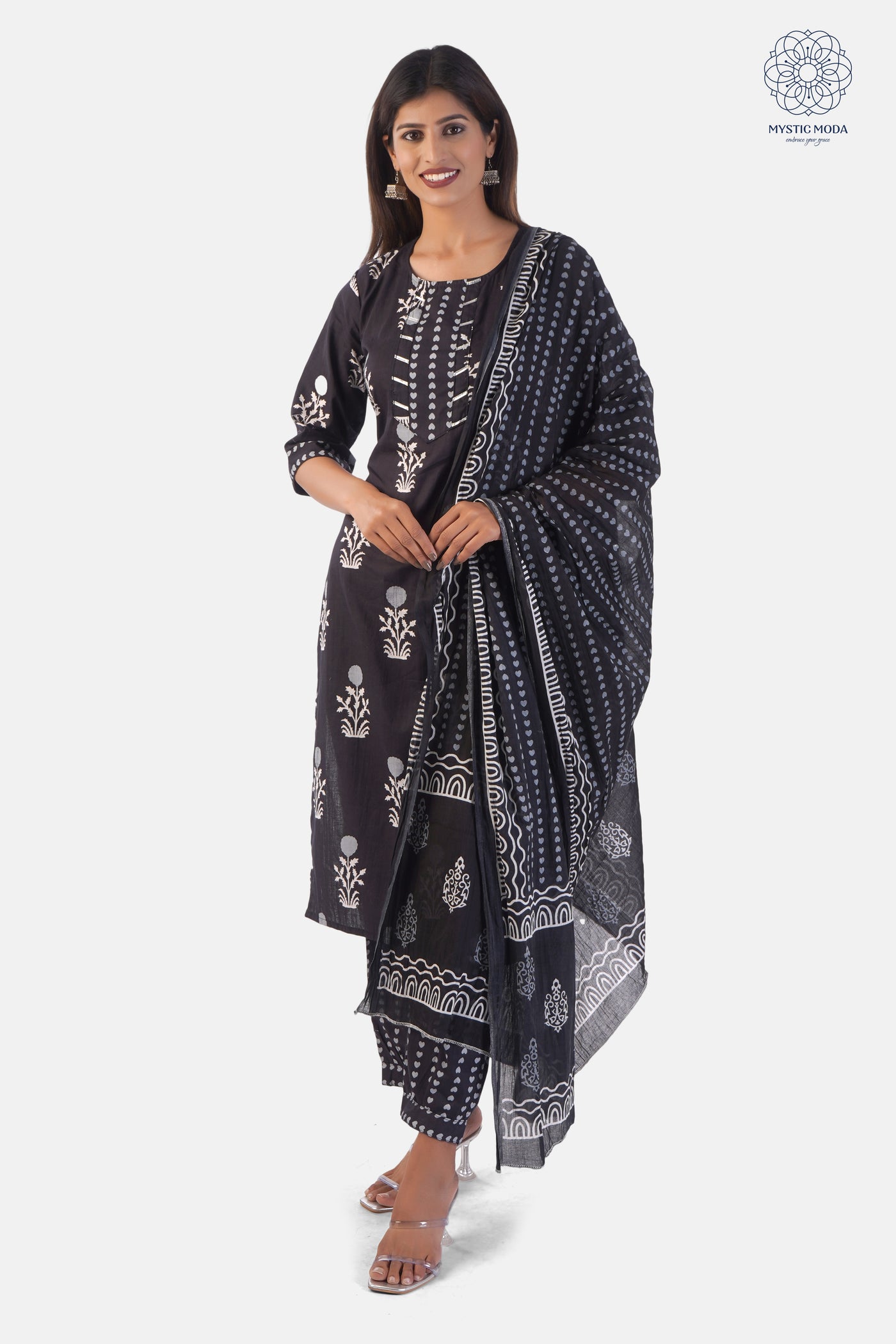 Black Cotton Printed Anarkali Kurta Set