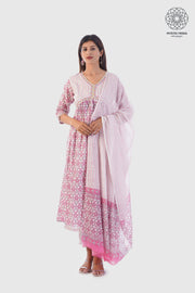 Pink White Alia Embroidered Cotton Suit Set