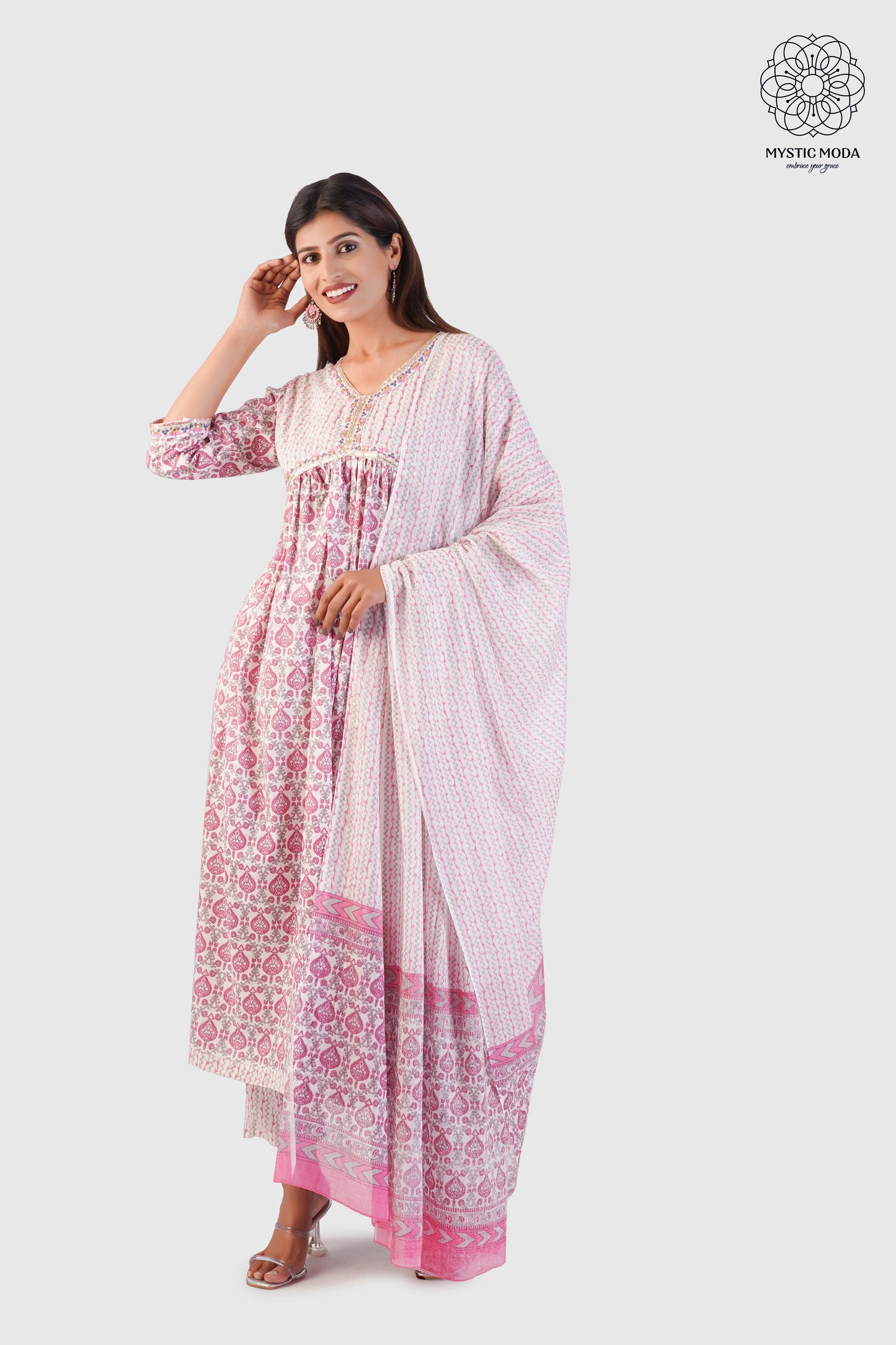 Pink White Alia Embroidered Cotton Suit Set