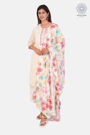 White Cotton Floral Print Embroidered Kurta Trouser Dupatta Set