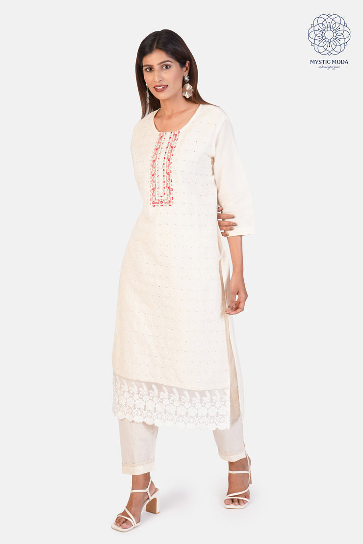 White Cotton Floral Print Embroidered Kurta Trouser Dupatta Set