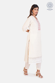 White Cotton Floral Print Embroidered Kurta Trouser Dupatta Set