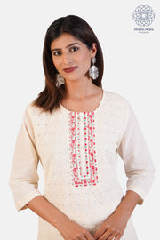 White Cotton Floral Print Embroidered Kurta Trouser Dupatta Set