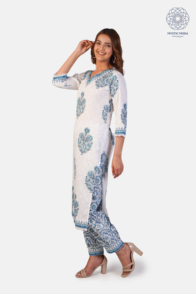 Light Blue Cotton Printed Floral Straight Suit