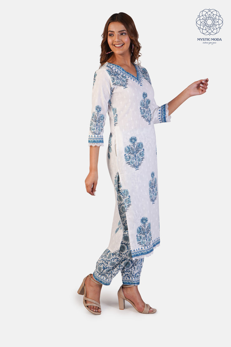 Light Blue Cotton Printed Floral Straight Suit