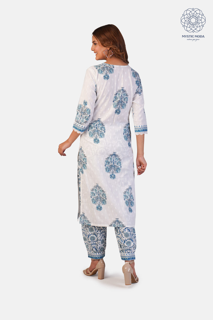 Light Blue Cotton Printed Floral Straight Suit