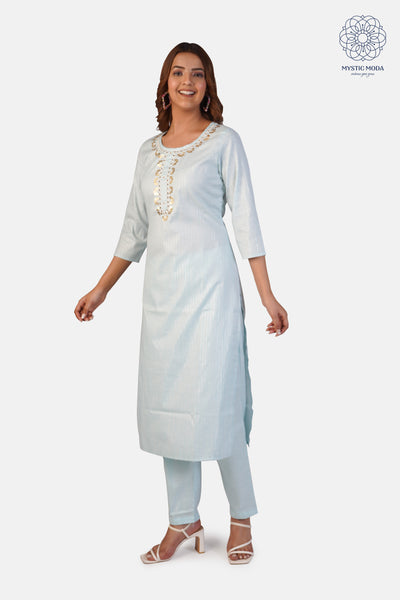 Cotton Blend Kurta Pant Dupatta Set with Lurex Detailing