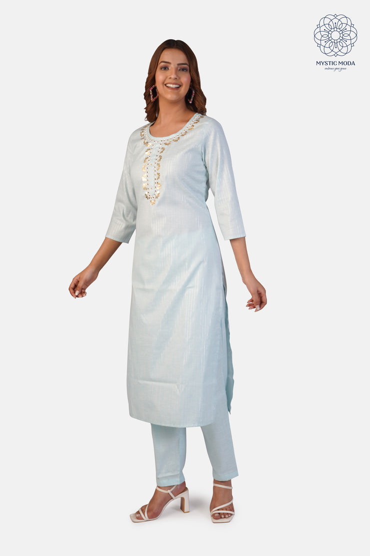 Cotton Blend Kurta Pant Dupatta Set with Lurex Detailing