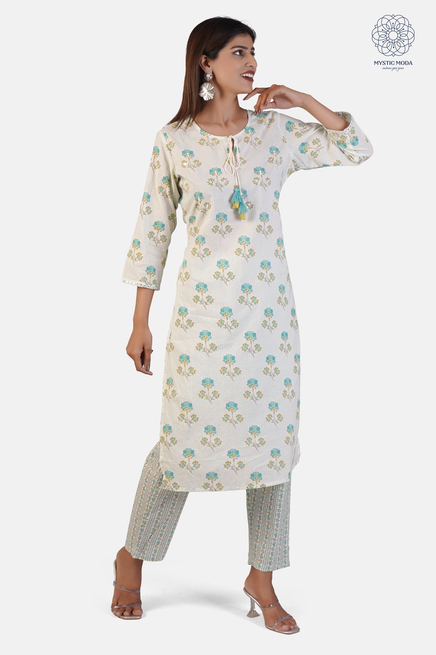 Green Cotton Printed Anarkali Kurti Pant Dupatta Set - Women's Ethnic Wear