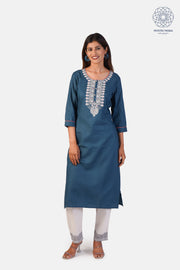 Women's Embroidered Cotton Kurti & Pant - Stylish Straight Cut in Blue