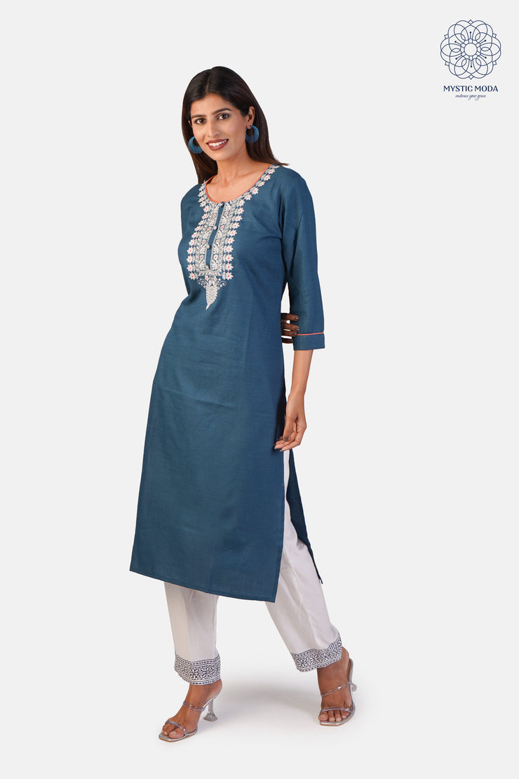 Women's Embroidered Cotton Kurti & Pant - Stylish Straight Cut in Blue