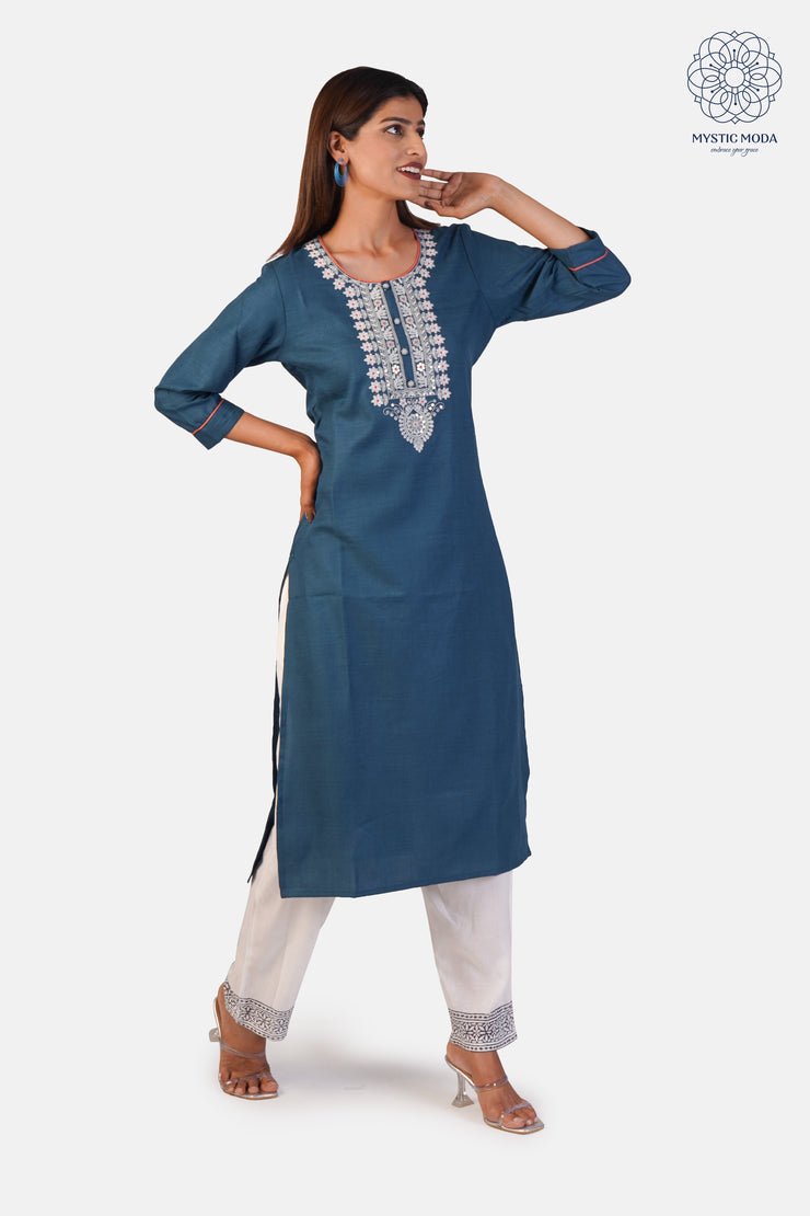 Women's Embroidered Cotton Kurti & Pant - Stylish Straight Cut in Blue