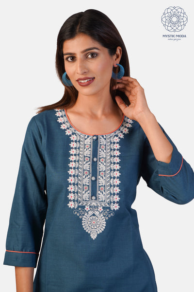 Women's Embroidered Cotton Kurti & Pant - Stylish Straight Cut in Blue