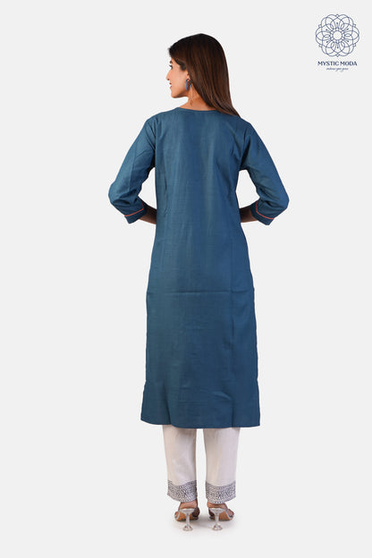 Women's Embroidered Cotton Kurti & Pant - Stylish Straight Cut in Blue