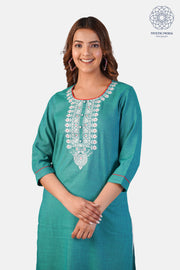 Embroidered Cotton Kurti - Stylish Straight Cut in Dark Green