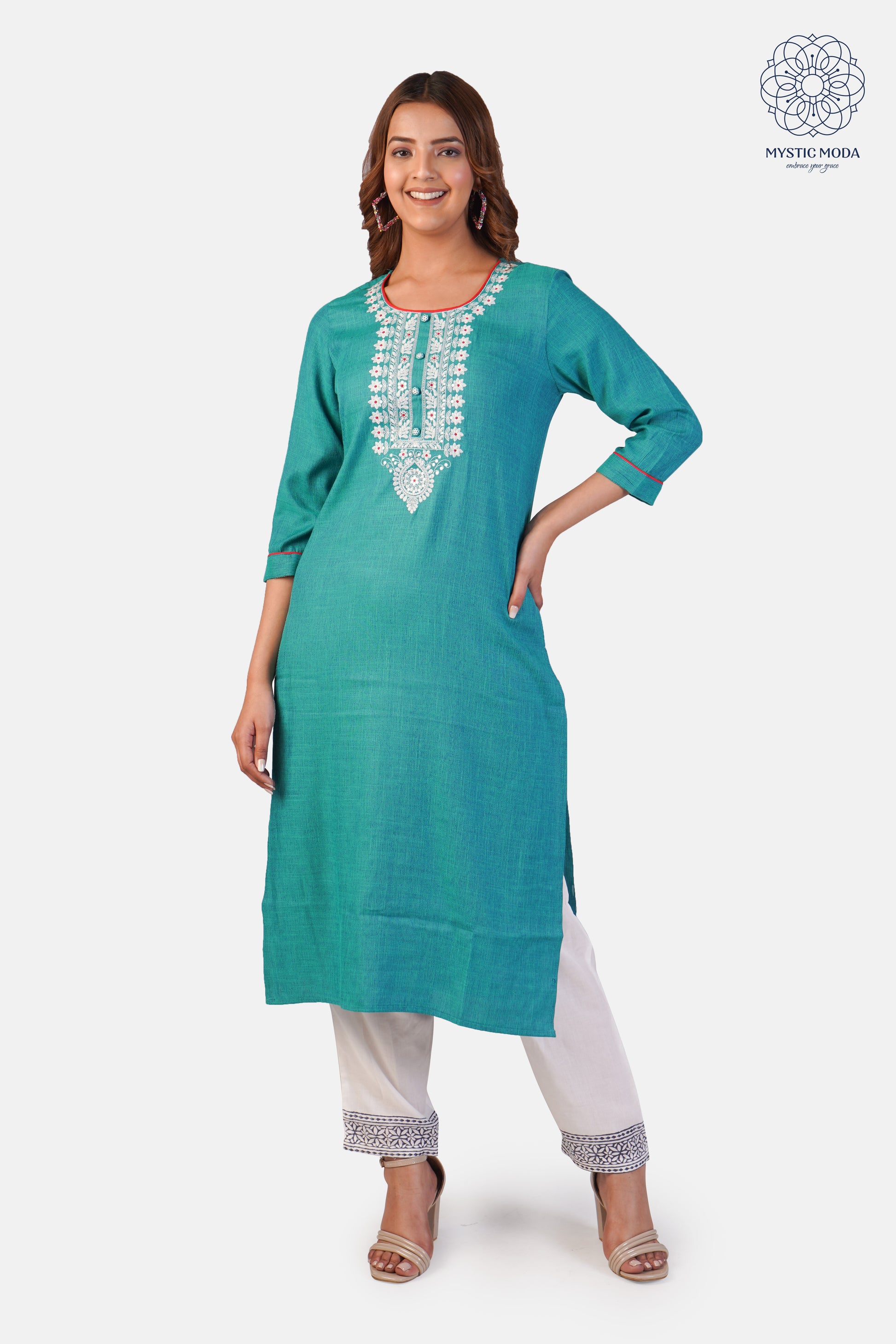 Embroidered Cotton Kurti - Stylish Straight Cut in Dark Green