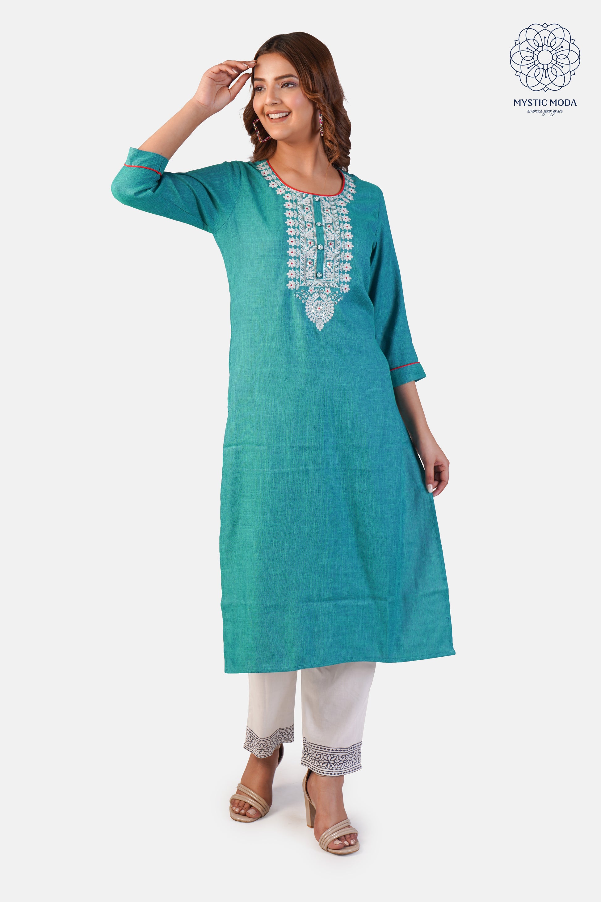 Embroidered Cotton Kurti - Stylish Straight Cut in Dark Green