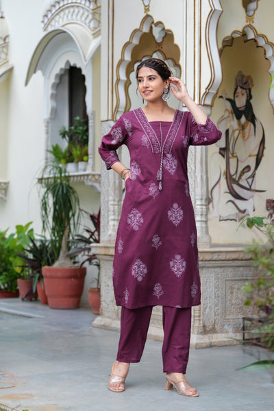 Maroon Cotton Straight Kurta Set with Designer Yoke and Adda Work