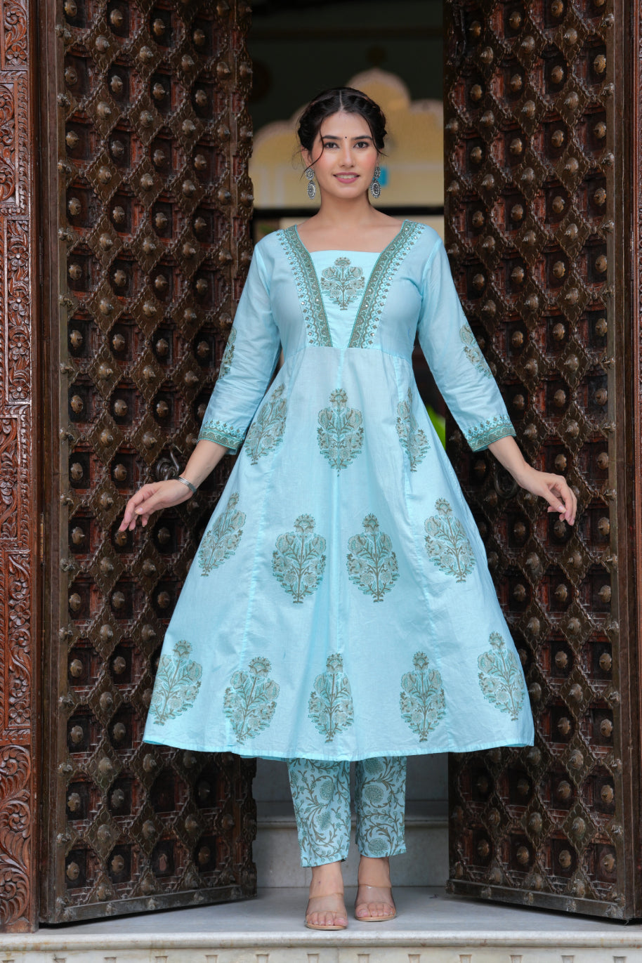 Block Printed Blue Cotton Straight Suit with Embroidered Neck Detailing