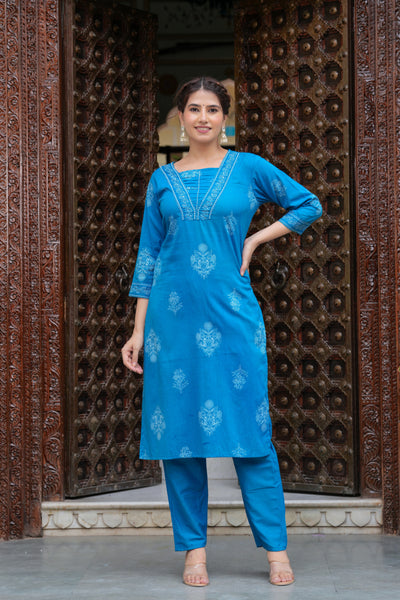 Blue Cotton Straight Kurta Set with Designer Yoke and Adda Work