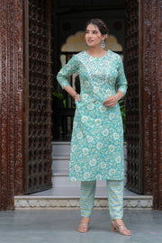 Dark Green Cotton Floral Print Kurti Pant Set with Embroidered Yoke