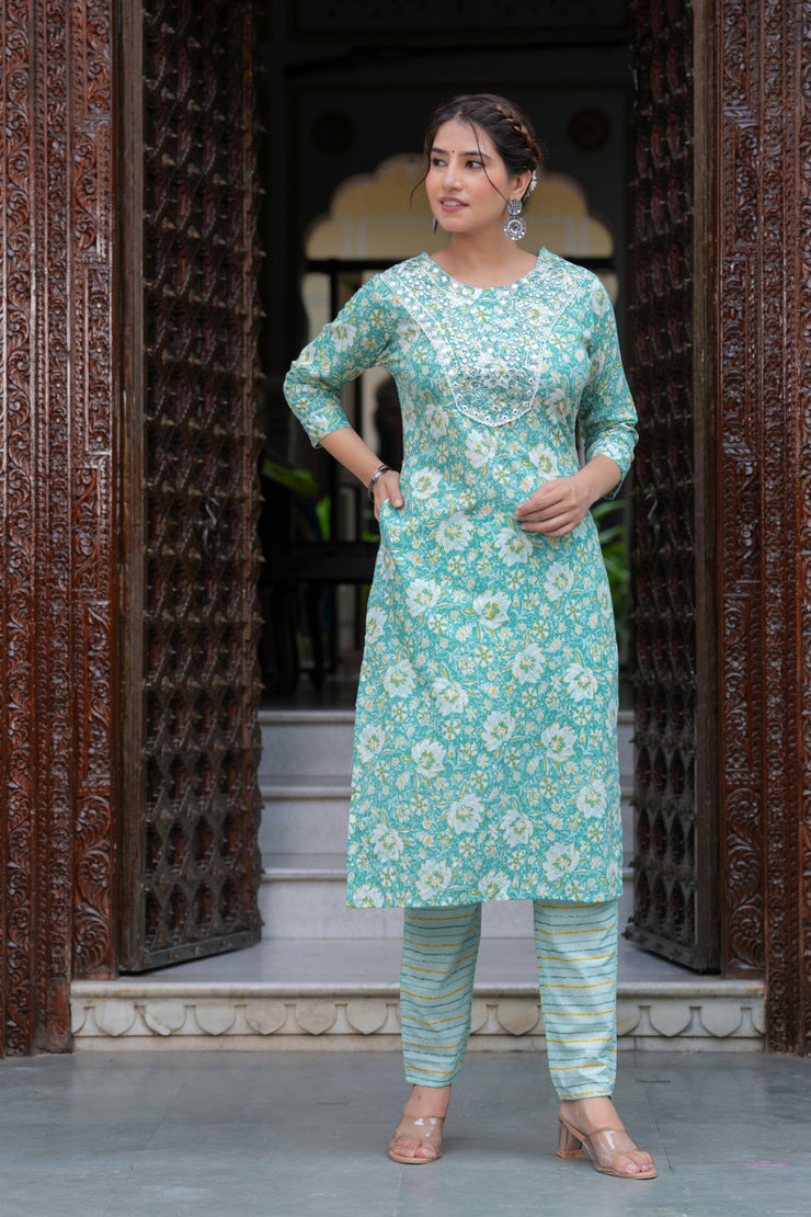 Dark Green Cotton Floral Print Kurti Pant Set with Embroidered Yoke