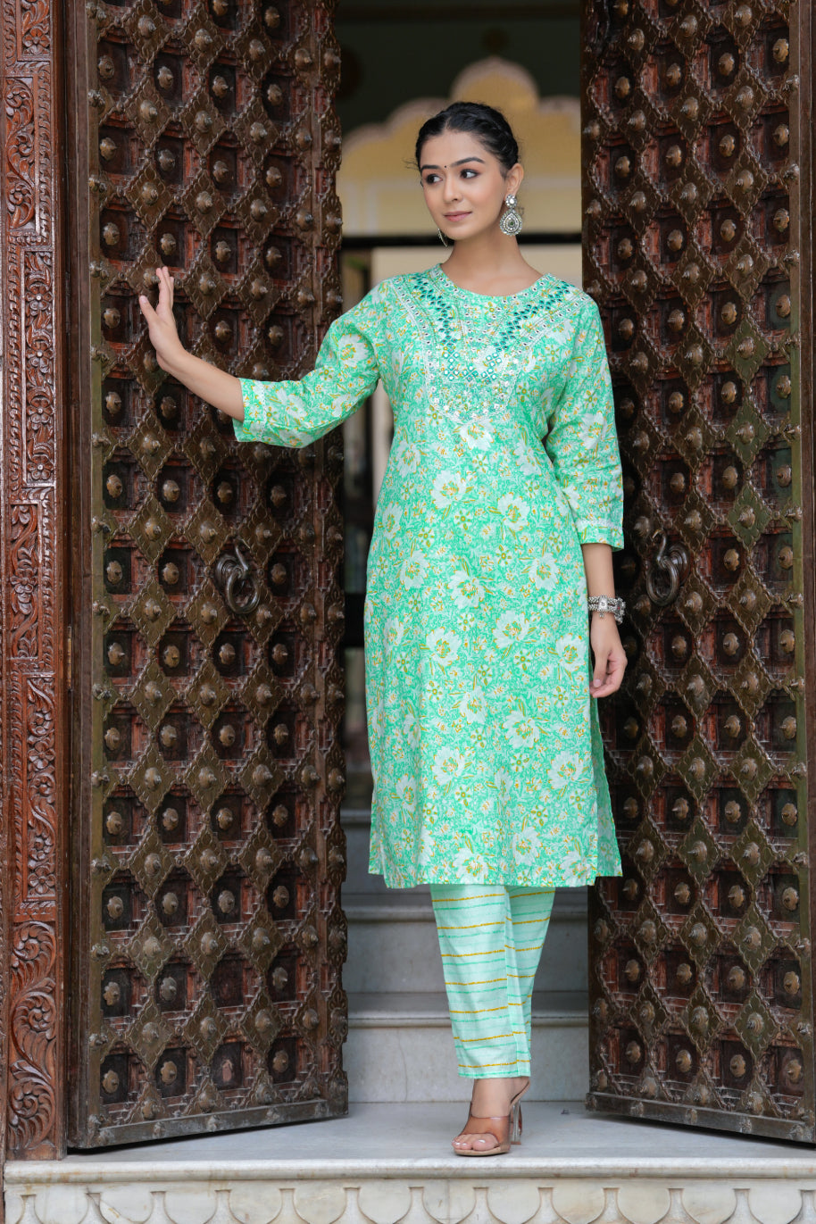 Green Cotton Floral Print Kurti Pant Set with Embroidered Yoke