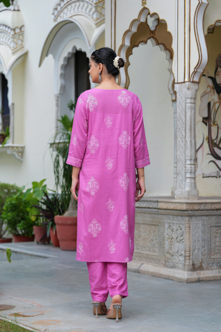 Pink Cotton Straight Kurta Set with Designer Yoke and Adda Work