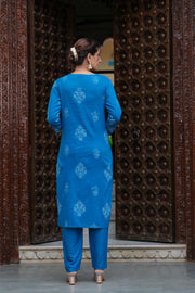 Blue Cotton Straight Kurta Set with Designer Yoke and Adda Work