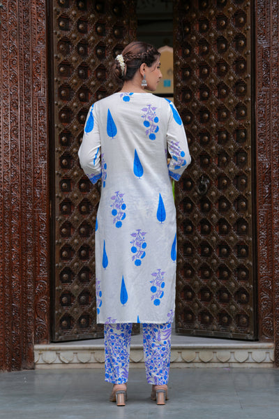 Blue Cotton Floral Boota Printed Kurta Set with Mulmul Dupatta