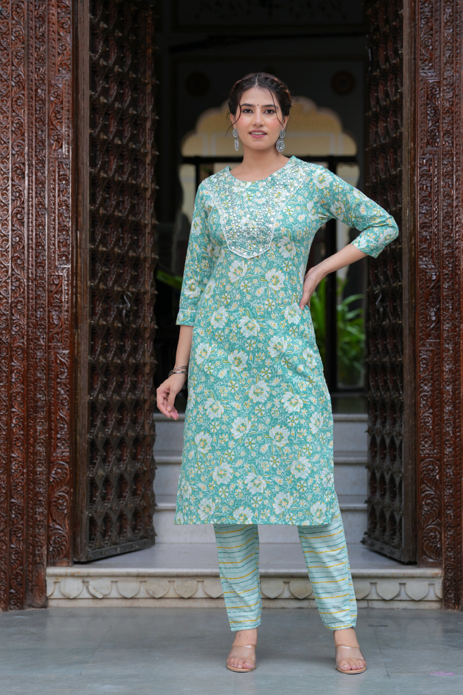 Dark Green Cotton Floral Print Kurti Pant Set with Embroidered Yoke