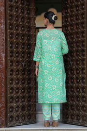 Green Cotton Floral Print Kurti Pant Set with Embroidered Yoke