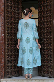 Block Printed Blue Cotton Straight Suit with Embroidered Neck Detailing