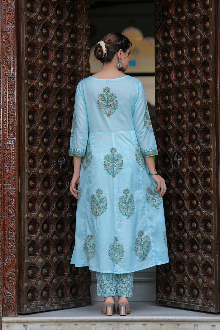 Block Printed Blue Cotton Straight Suit with Embroidered Neck Detailing