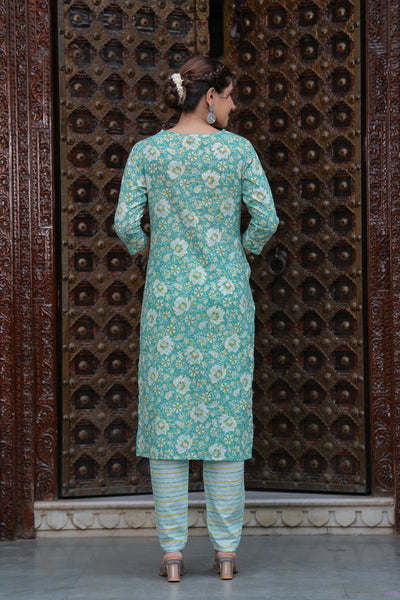 Dark Green Cotton Floral Print Kurti Pant Set with Embroidered Yoke