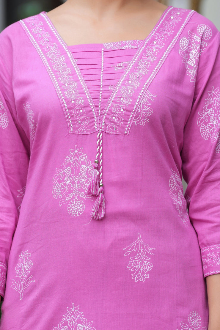 Pink Cotton Straight Kurta Set with Designer Yoke and Adda Work