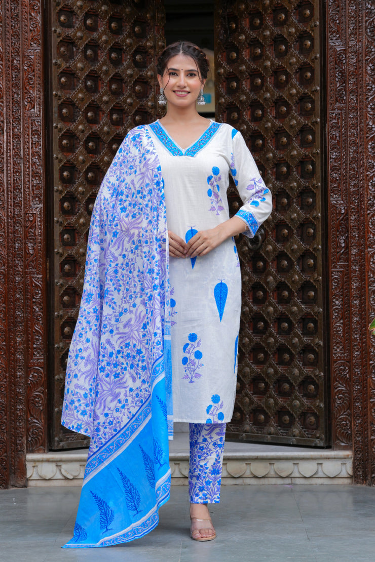 Blue Cotton Floral Boota Printed Kurta Set with Mulmul Dupatta