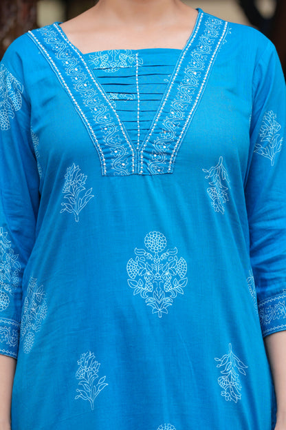 Blue Cotton Straight Kurta Set with Designer Yoke and Adda Work