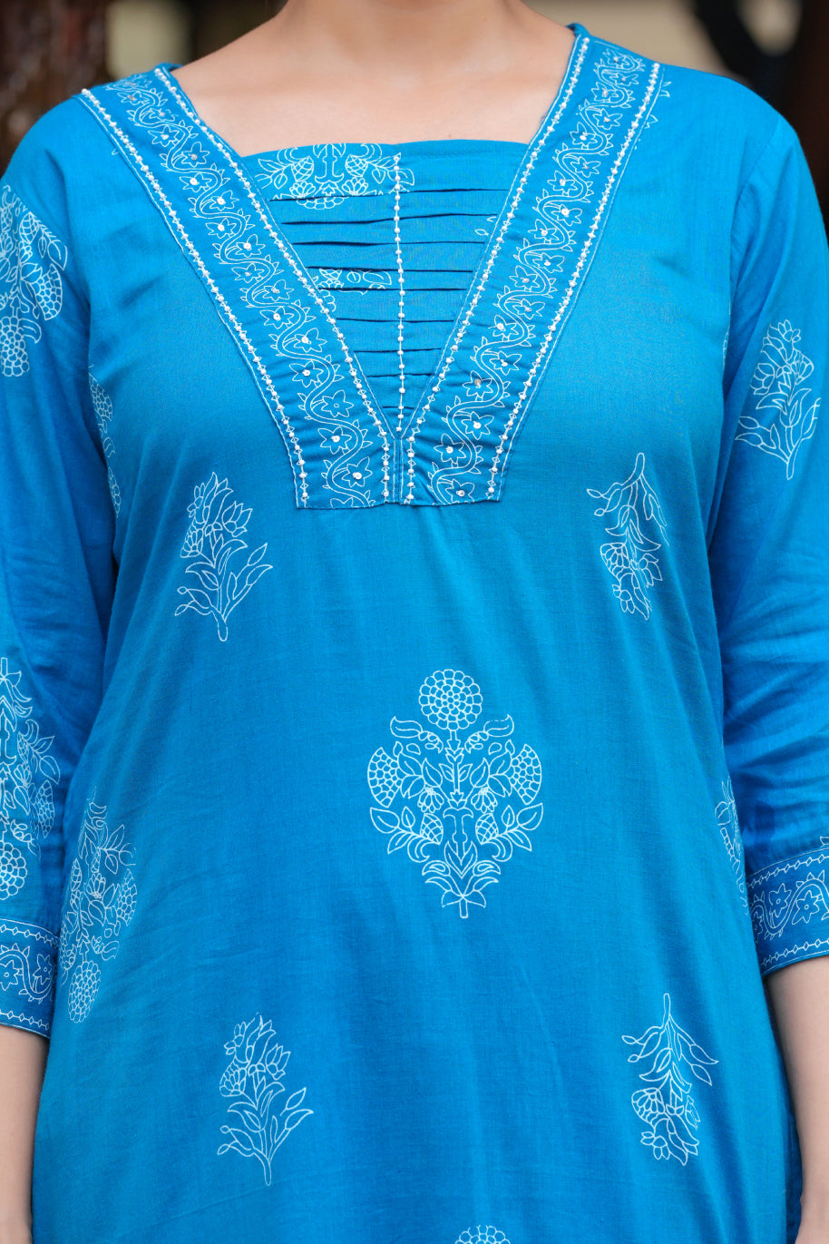 Blue Cotton Straight Kurta Set with Designer Yoke and Adda Work